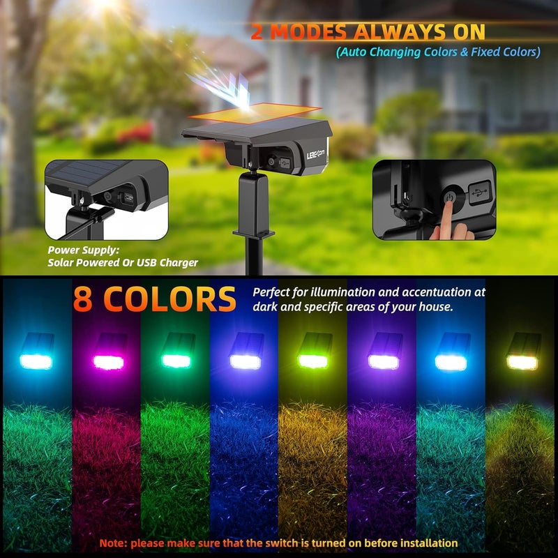 LEREKAM أضواء خارجية شمسية، 40 مصباح LED بتغيير الألوان RGB، أضواء مسار شمسية متعددة الألوان، تعمل بالطاقة الشمسية وUSB، 14 لونًا بتغيير تلقائي للألوان للحديقة، حزمة من 2 - Image 4